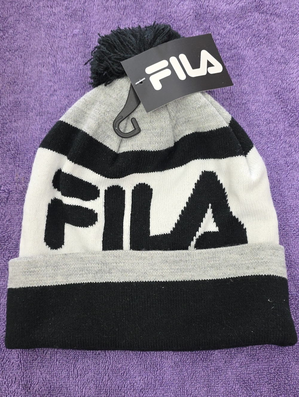NWT Fila Kids/Teen Black, Gray & White Pom Pom Beanie